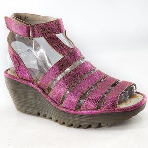 FLY LONDON Yeba Peep Toe Metallic Leather Wedge Ankle Strap Sandals Pink